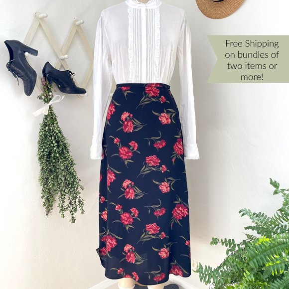 The Limited Dresses & Skirts - 90's Vintage Midi Skirt Black Floral Sz Medium